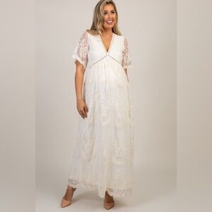 PinkBlush Cream Lace Mesh Overlay Maxi Dress